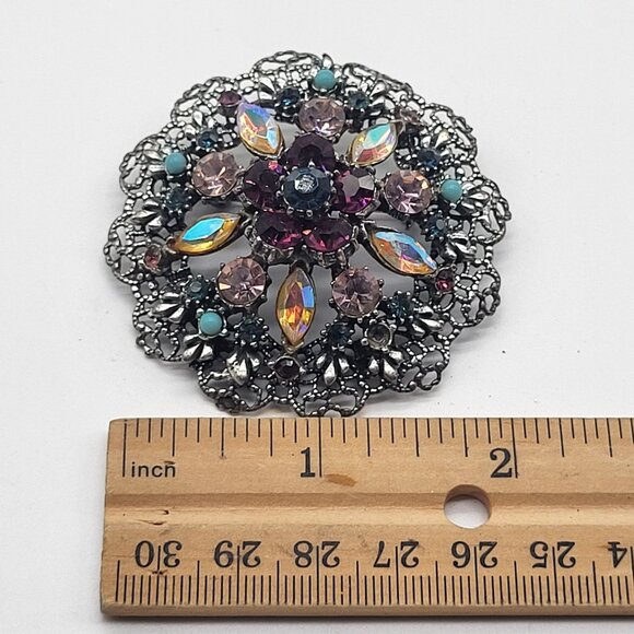 VTG Brooch Silver Tone AB Purple Pink Rhinestones w/ Blue Cabochon Accents *READ - Picture 8 of 8